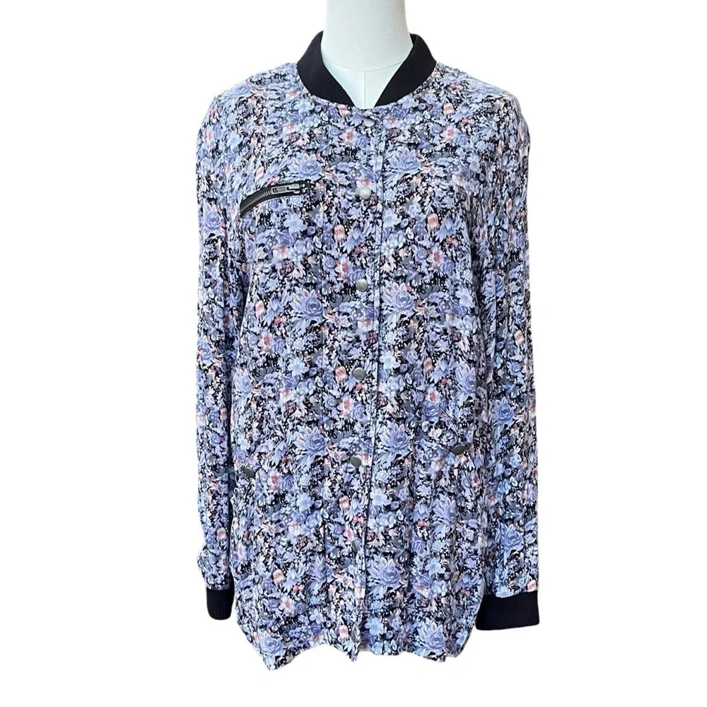 Free People Oversized Blue and purple Floral Jacquard  Full Zip Jacket Size XS